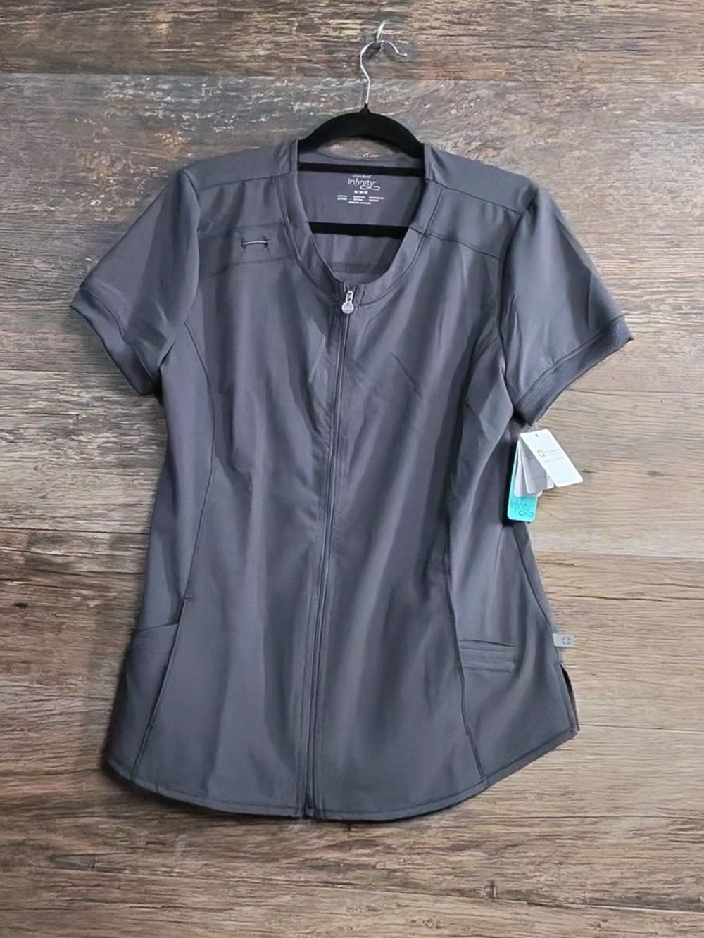 Cherokee Infinity Women's Short-Sleeve Scrub Zip-Front Button Down Top in Gray